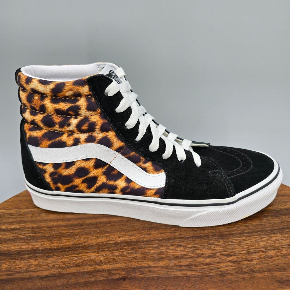 Vans Sk8-Hi Shoes Womens 7.5 Leopard Print Black Suede Leather Lace Up Sneakers